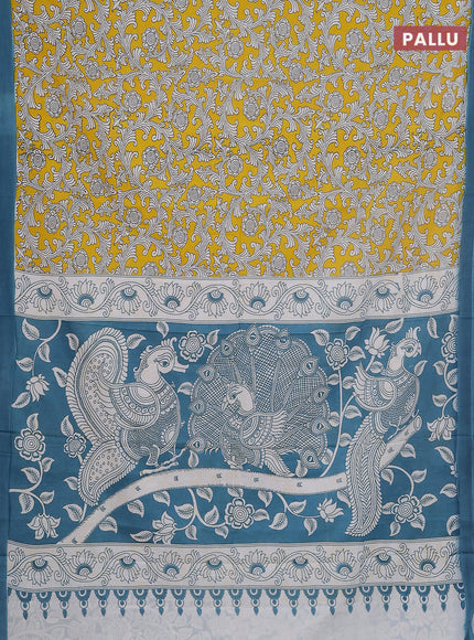 Kalamkari semi silk saree yellow and peacock blue with allover prints and simple border