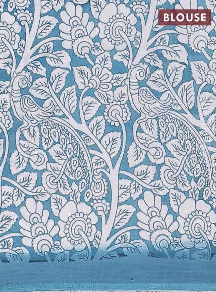 Kalamkari semi silk saree yellow and peacock blue with allover prints and simple border