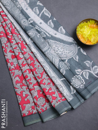 Kalamkari semi silk saree dark peach and grey with allover prints and simple border