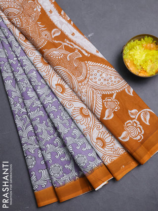 Kalamkari semi silk saree lavender and orange with allover prints and simple border