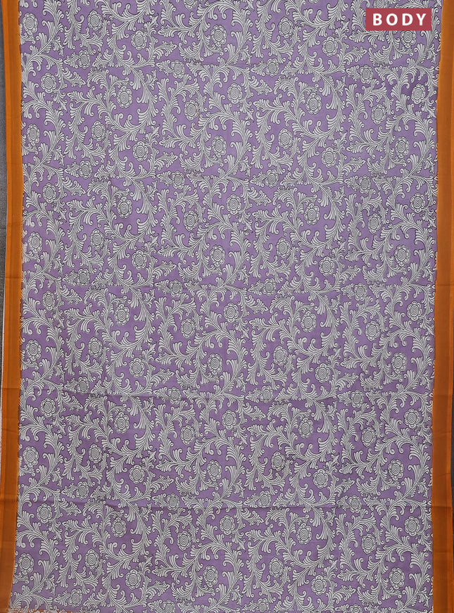 Kalamkari semi silk saree lavender and orange with allover prints and simple border