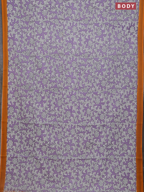 Kalamkari semi silk saree lavender and orange with allover prints and simple border