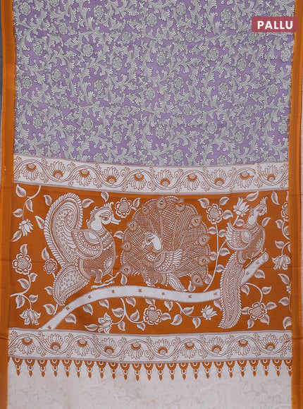Kalamkari semi silk saree lavender and orange with allover prints and simple border