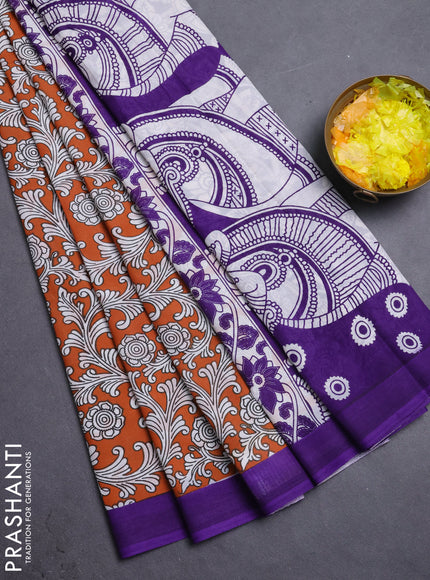 Kalamkari semi silk saree rustic orange and violet with allover prints and simple border