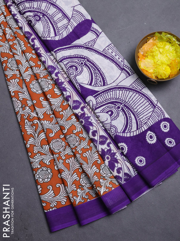 Kalamkari semi silk saree rustic orange and violet with allover prints and simple border
