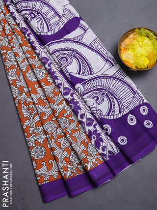 Kalamkari semi silk saree rustic orange and violet with allover prints and simple border