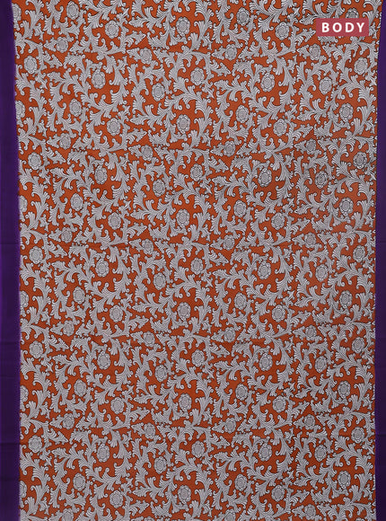 Kalamkari semi silk saree rustic orange and violet with allover prints and simple border