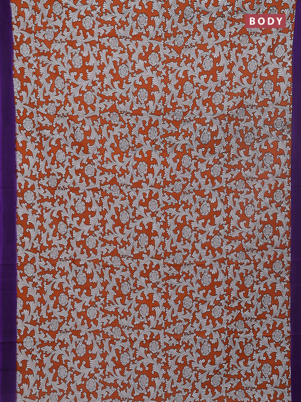 Kalamkari semi silk saree rustic orange and violet with allover prints and simple border
