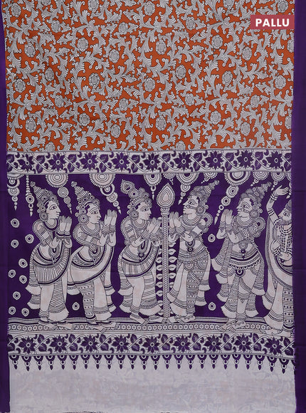 Kalamkari semi silk saree rustic orange and violet with allover prints and simple border