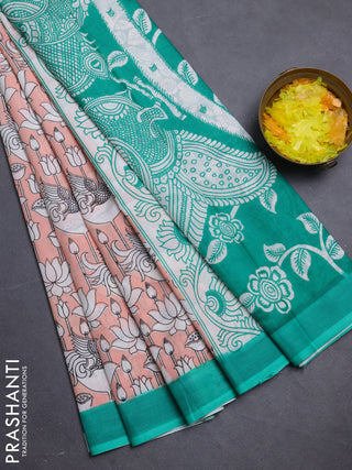 Kalamkari semi silk saree peach orange and green with allover prints and simple border
