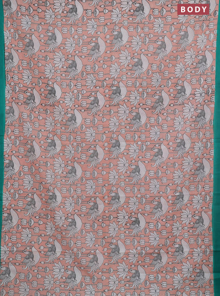 Kalamkari semi silk saree peach orange and green with allover prints and simple border