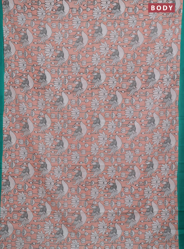 Kalamkari semi silk saree peach orange and green with allover prints and simple border