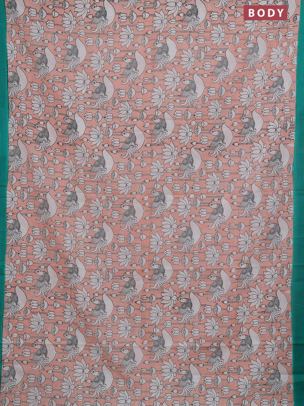 Kalamkari semi silk saree peach orange and green with allover prints and simple border