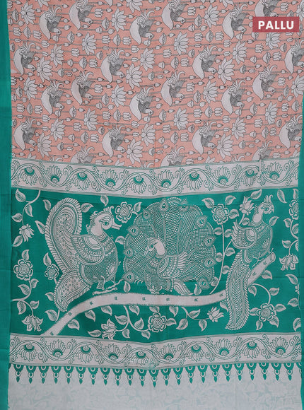 Kalamkari semi silk saree peach orange and green with allover prints and simple border