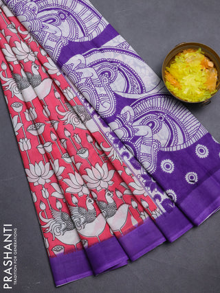 Kalamkari semi silk saree dark peach and violet with allover prints and simple border