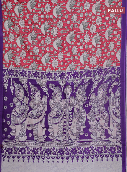 Kalamkari semi silk saree dark peach and violet with allover prints and simple border