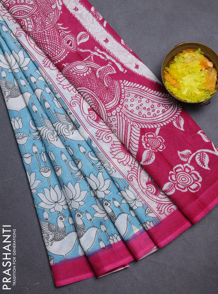 Kalamkari semi silk saree teal blue and pink with allover prints and simple border