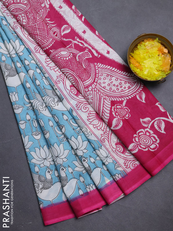 Kalamkari semi silk saree teal blue and pink with allover prints and simple border