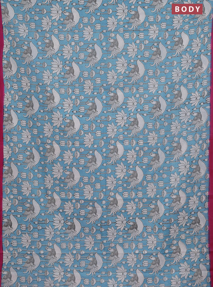 Kalamkari semi silk saree teal blue and pink with allover prints and simple border