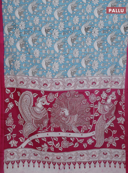 Kalamkari semi silk saree teal blue and pink with allover prints and simple border