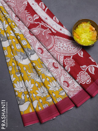 Kalamkari semi silk saree yellow and mauve pink with allover prints and simple border