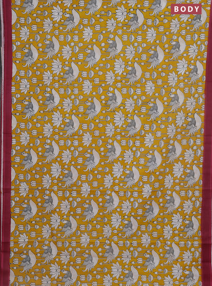 Kalamkari semi silk saree yellow and mauve pink with allover prints and simple border