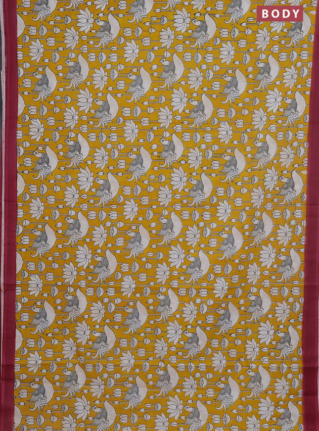 Kalamkari semi silk saree yellow and mauve pink with allover prints and simple border