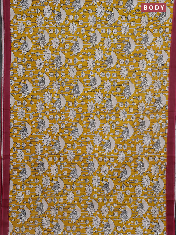 Kalamkari semi silk saree yellow and mauve pink with allover prints and simple border