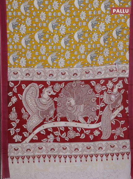Kalamkari semi silk saree yellow and mauve pink with allover prints and simple border