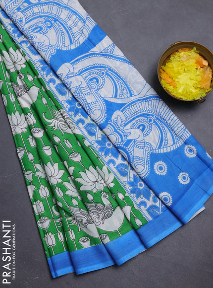Kalamkari semi silk saree green and blue with allover prints and simple border