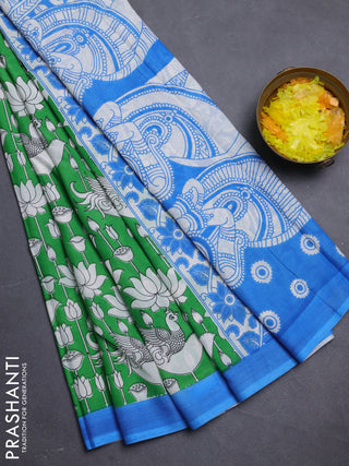 Kalamkari semi silk saree green and blue with allover prints and simple border