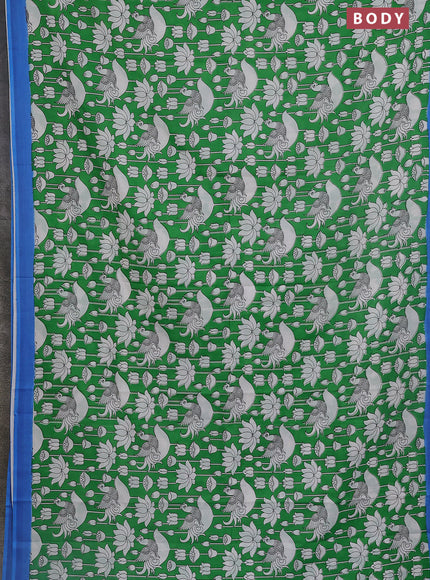 Kalamkari semi silk saree green and blue with allover prints and simple border