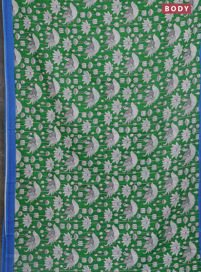 Kalamkari semi silk saree green and blue with allover prints and simple border