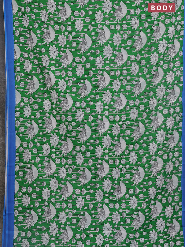 Kalamkari semi silk saree green and blue with allover prints and simple border