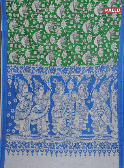 Kalamkari semi silk saree green and blue with allover prints and simple border