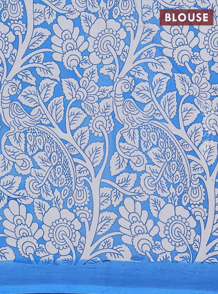 Kalamkari semi silk saree green and blue with allover prints and simple border