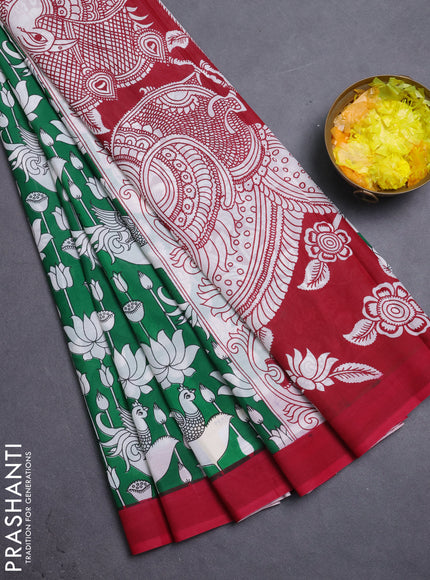 Kalamkari semi silk saree green and maroon with allover prints and simple border