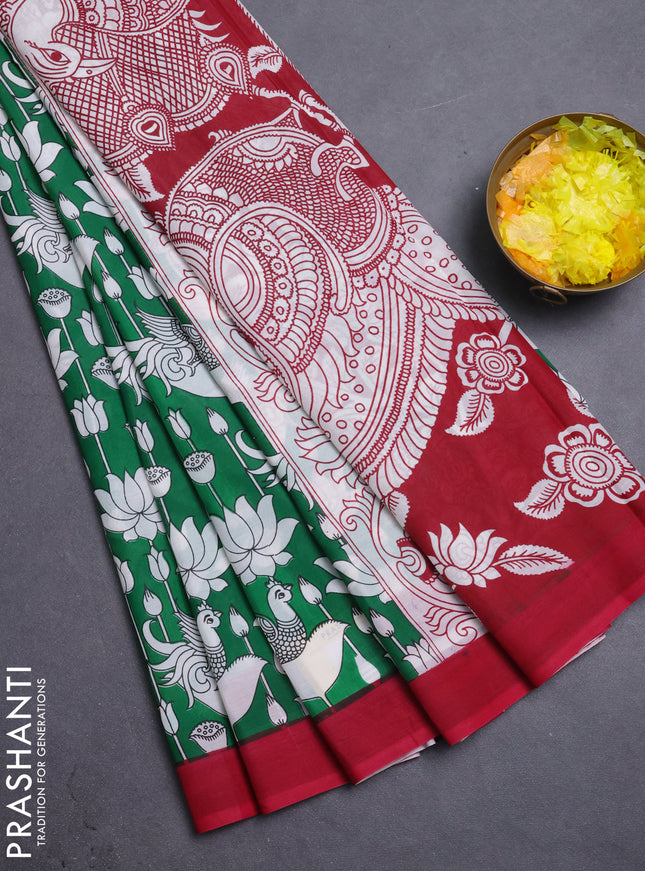 Kalamkari semi silk saree green and maroon with allover prints and simple border