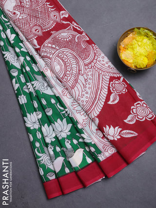 Kalamkari semi silk saree green and maroon with allover prints and simple border