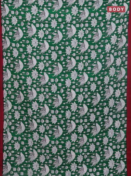 Kalamkari semi silk saree green and maroon with allover prints and simple border