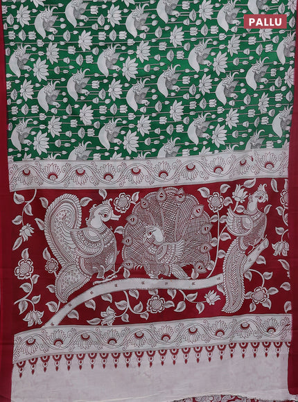 Kalamkari semi silk saree green and maroon with allover prints and simple border