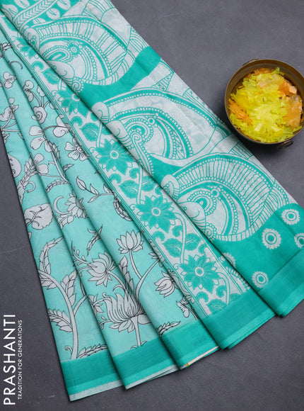Kalamkari semi silk saree teal green and green with allover prints and simple border