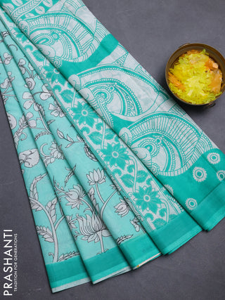 Kalamkari semi silk saree teal green and green with allover prints and simple border