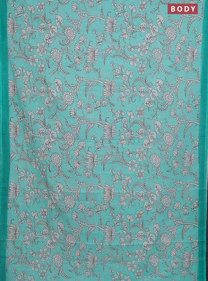 Kalamkari semi silk saree teal green and green with allover prints and simple border