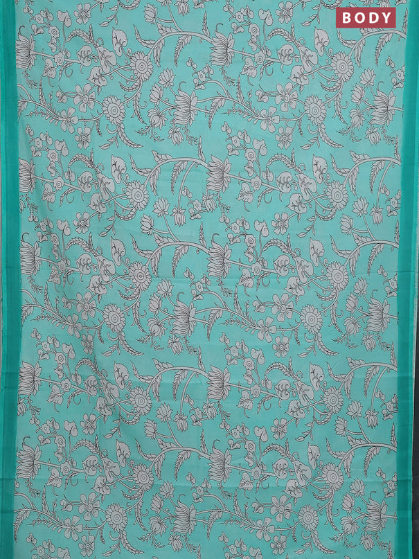 Kalamkari semi silk saree teal green and green with allover prints and simple border
