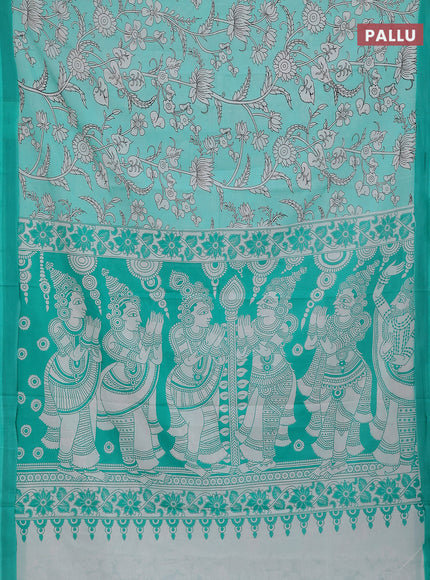 Kalamkari semi silk saree teal green and green with allover prints and simple border