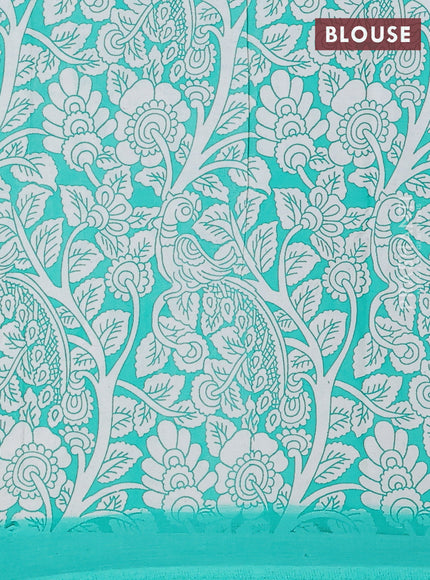 Kalamkari semi silk saree teal green and green with allover prints and simple border
