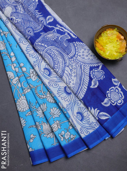 Kalamkari semi silk saree teal blue and blue with allover prints and simple border