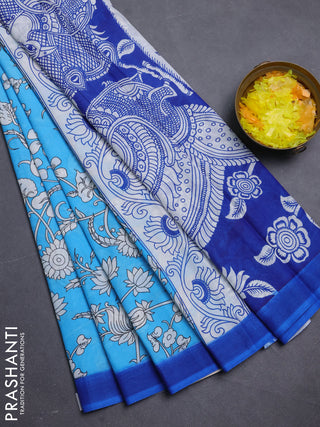 Kalamkari semi silk saree teal blue and blue with allover prints and simple border
