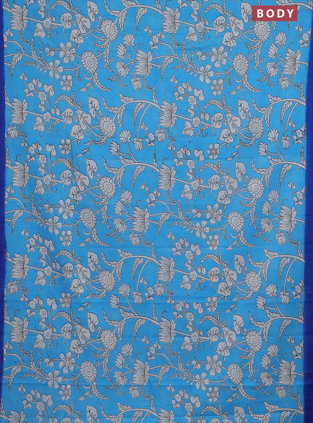 Kalamkari semi silk saree teal blue and blue with allover prints and simple border